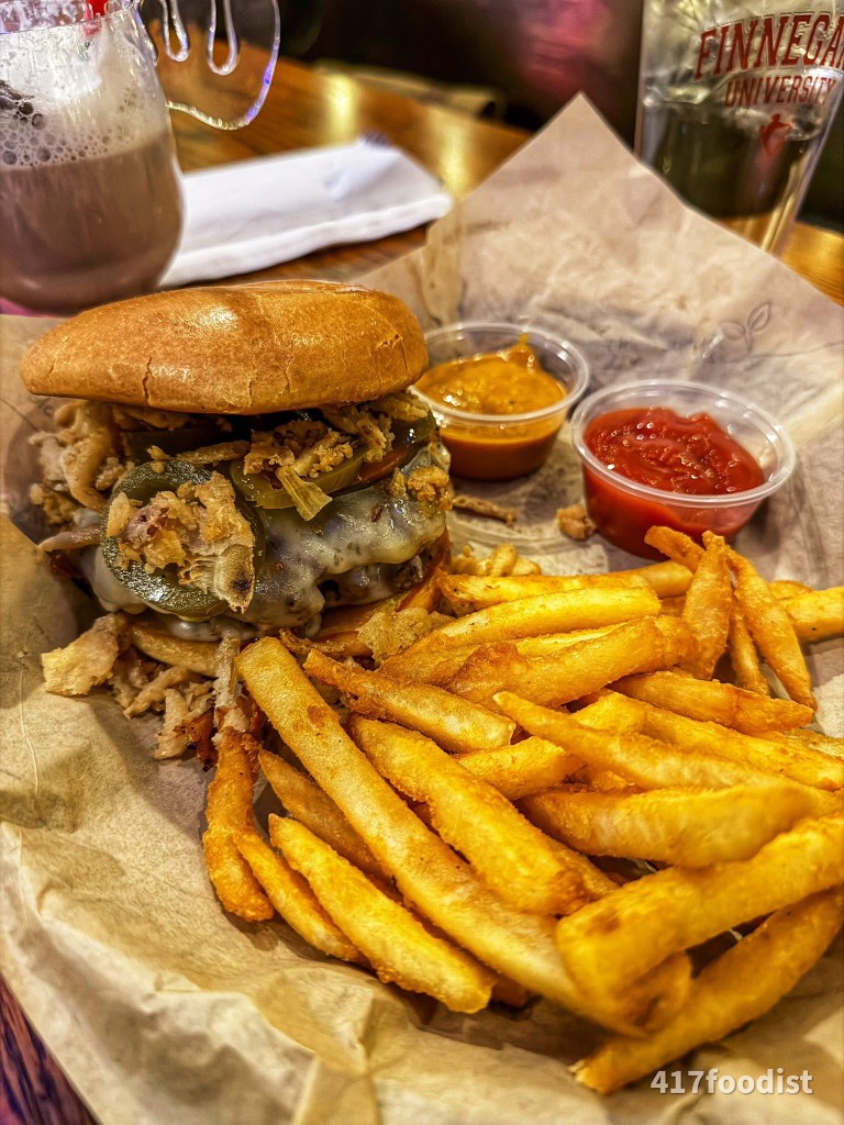 The Finnegan Burger with fries at Finnegan's Wake
